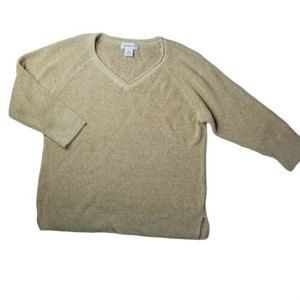 Liz Claiborne Women's XL Pullover V-Neck Knit Sweater Gold Metallic 3/4 Sleeve